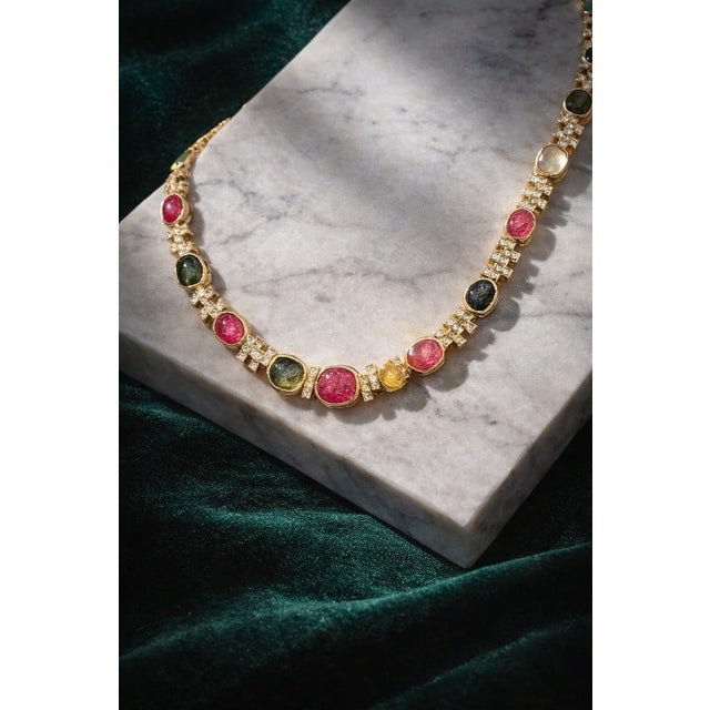 Bochic “Capri” Vintage Ruby & Fancy Color Sapphire Necklace Set 18K & Silver For Sale - Image 4 of 12