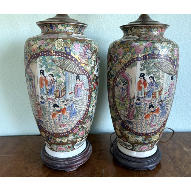 Chinese Early 20th Century Pair of Large Chinese Famille Rose Converted Vase Table Lamps For Sale - Image 3 of 14