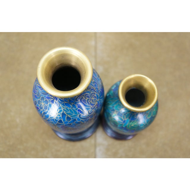 3 Chinese Brass Cloisonne Blue Enameled Floral Bud Vases & Ashtray For Sale - Image 6 of 14