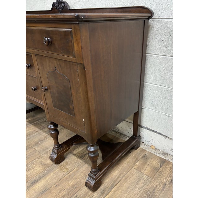 Vintage Jacobean Tudor Style Carved Burled Oak Sideboard Buffet Server Console For Sale - Image 15 of 18