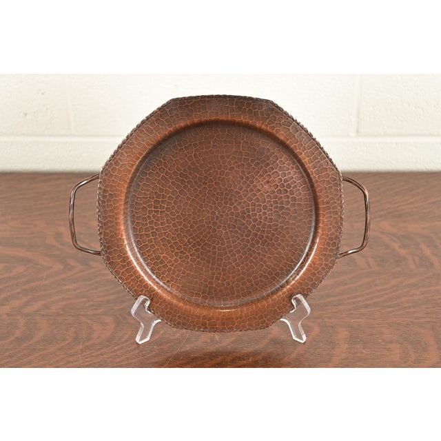 A gorgeous Arts & Crafts period hand hammered copper tray with handles By Roycroft (signed with impressed orb and cross...