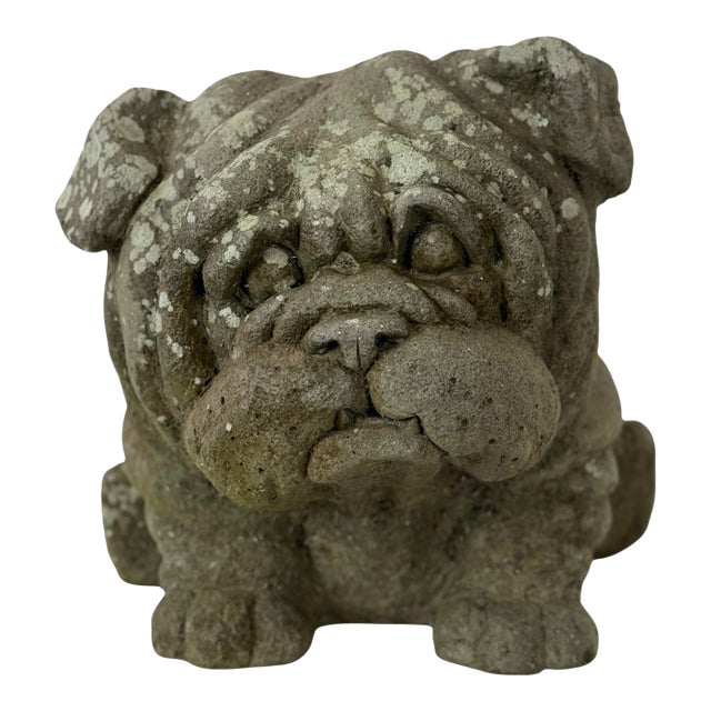 Vintage English Bulldog Garden Ornament Dog Statue With Weathered Patina For Sale
