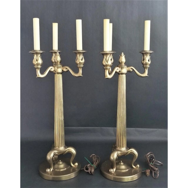 Neoclassical Pair of 1986 Chapman Heavy Brass Candelabra Fluted Column Table Lamps For Sale - Image 3 of 10