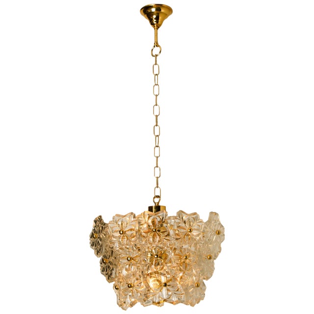 Glass and Brass Floral 3-Tier Light Fixture from Hillebrand, 1970s For Sale