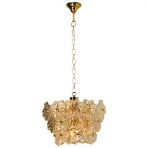 Glass and Brass Floral 3-Tier Light Fixture from Hillebrand, 1970s