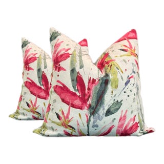 Vibrant Fuscia Botanical Linen Pillows - A Pair For Sale