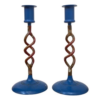 Modern Regency Blue and Gilt Brass Candlesticks, 1950s, Set of 2 For Sale