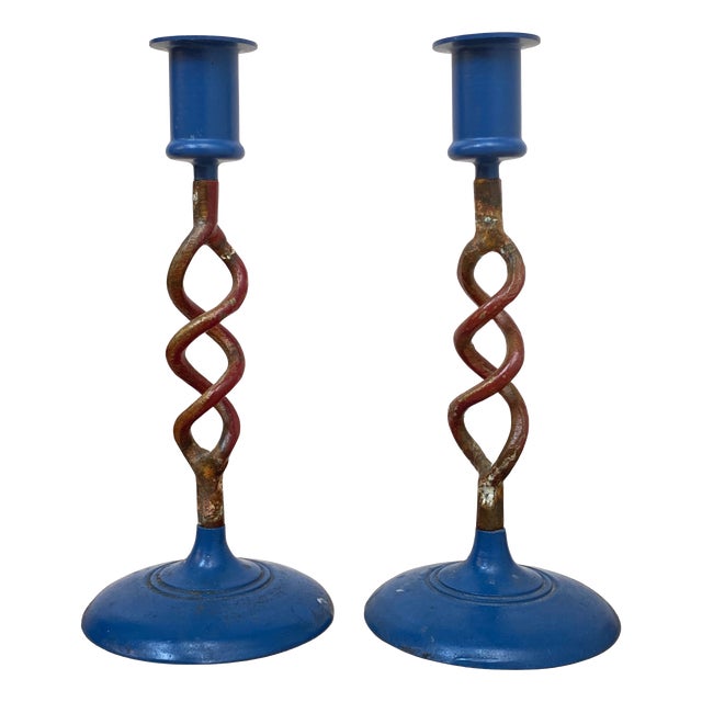 Modern Regency Blue and Gilt Brass Candlesticks, 1950s, Set of 2 For Sale