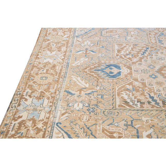 Blue Antique Persian Heriz Handmade Medallion Tan and Blue Wool Rug For Sale - Image 8 of 11