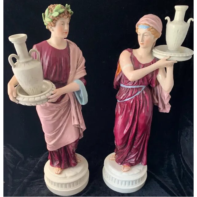 Early 20th Century 20 In. Tall Antique Bohemian Porcelain Sculptures- Water Jug Carriers - a Pair For Sale - Image 5 of 12