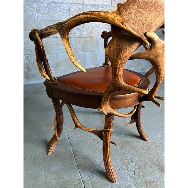(Sale Pending) Black Forest Armchair - Distinctive Antler Back and Leather Upholstery C1900 For Sale - Image 4 of 6