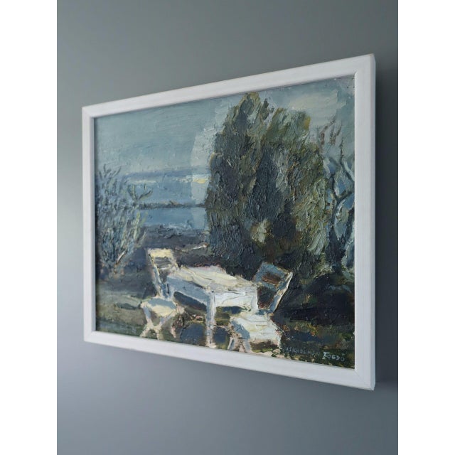 Expressionism 1981 Modernist 'Garden by the Water' Vintage Original Mini Landscape Oil Painting, Framed For Sale - Image 3 of 10