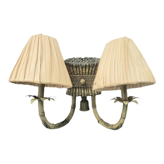 Vintage Faux Bamboo Tassel Pale Green Palm Leaf Raffia Shade 2 Arm Wall Sconce Lamp For Sale