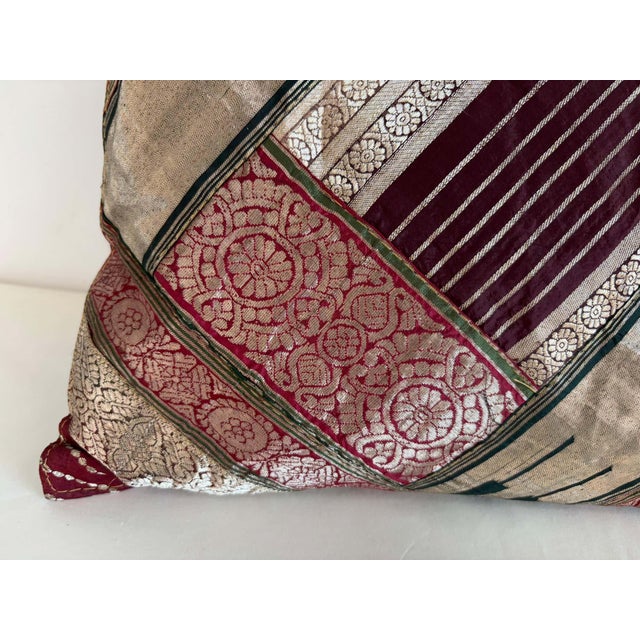 Textile One-of-a-Kind Indian Silk Sari Pillow, Metallic Zari Embroidery, 1980 For Sale - Image 7 of 10