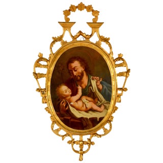 Spanish Religious Reverse Painting Saint Joseph With the Christ Child For Sale