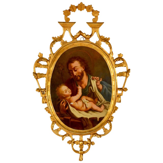 Spanish Religious Reverse Painting Saint Joseph With the Christ Child For Sale