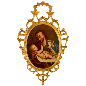 Spanish Religious Reverse Painting Saint Joseph With the Christ Child