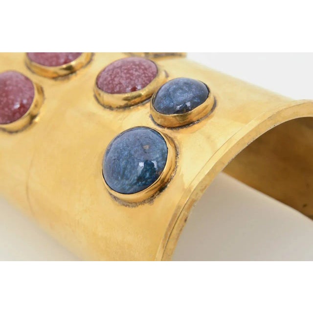 Metal Vintage Signed Mary McFadden Brass, Agate Stone and Lapis Lazuli Wide Cuff Bracelet Rare For Sale - Image 7 of 15