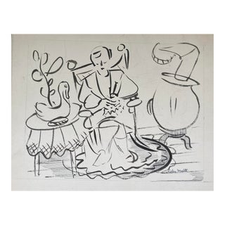 1940s Helen Malta Interior Scene With Lady Knitting For Sale