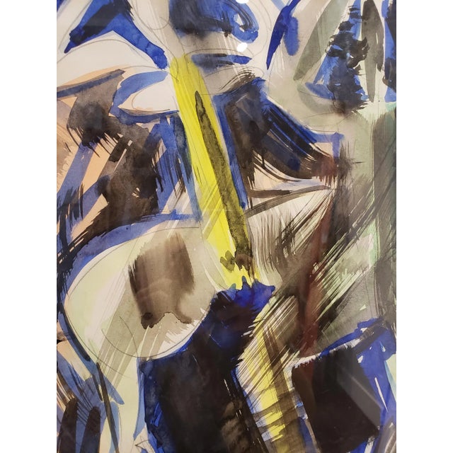 Abstract Abstract Figural Watercolor in Blue, Black and Yellow by Artist Jacques Lamy For Sale - Image 3 of 7