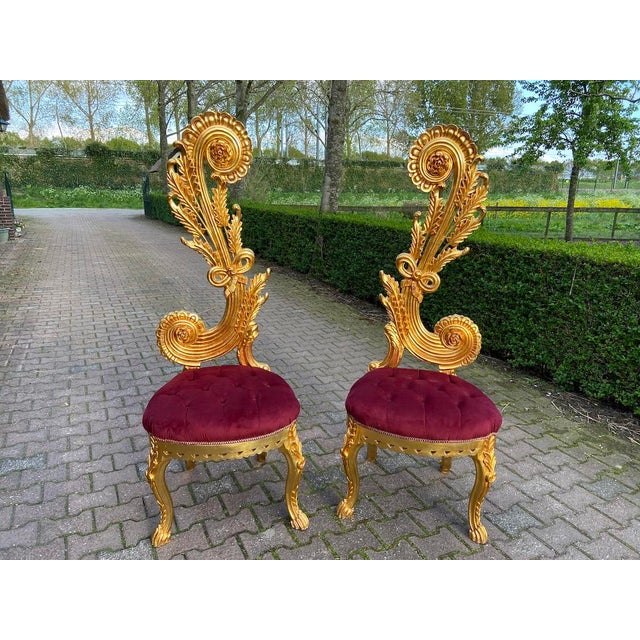 Wood 1980s Italian Rococo Gold Beech Velvet Side Chairs 2pc- Pair For Sale - Image 7 of 18