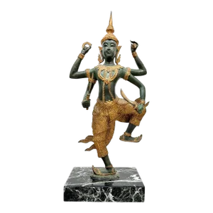 C.1939-50's Thai Hand-Made Bronze & Gilt Gold Vishnu "Hindu Goddess of Protection," Sculpture on Green Marble Plinth Base