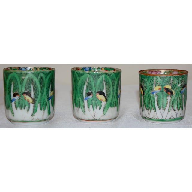 Art Nouveau Famille Verte Set of Porcelain Cabbage and Butterfly Pattern Cups and Plates For Sale - Image 3 of 11