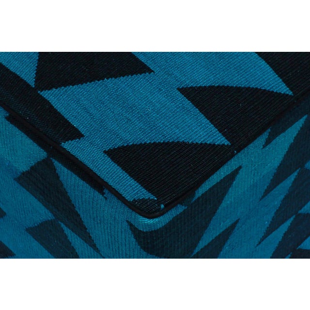 Art Deco Boho Chic Blue/Black Handmade Kilim Upholstered Ottoman For Sale - Image 3 of 9