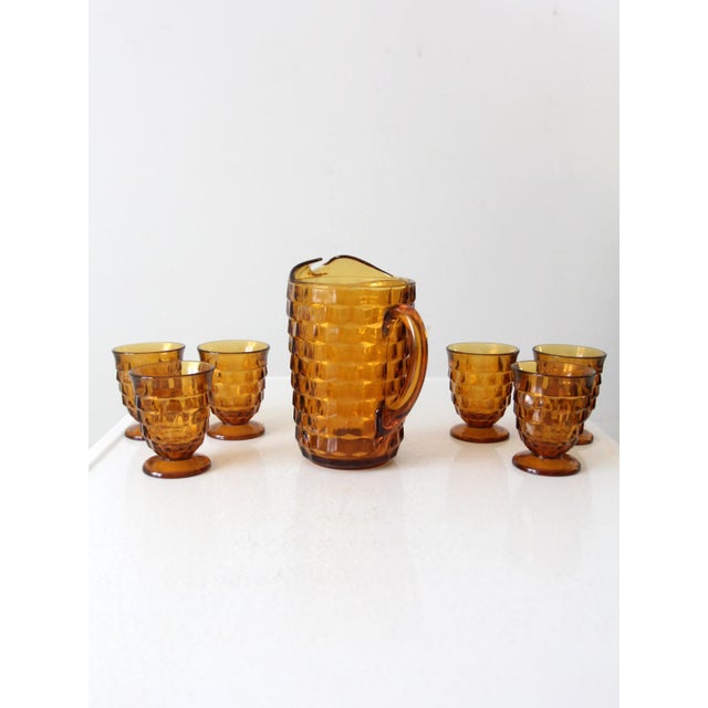 Mid-Century Modern Vintage Amber Glass Pitcher and Tumbler Set For Sale - Image 3 of 12