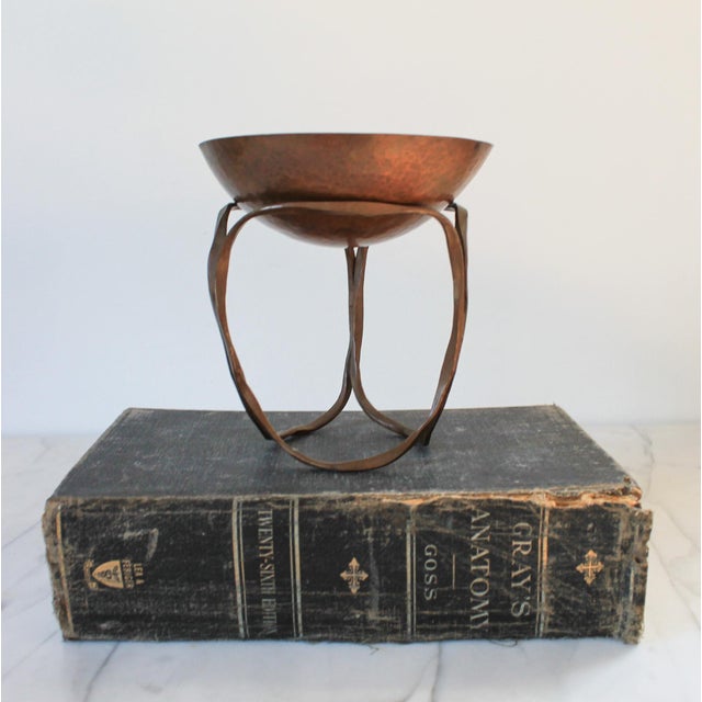 Contemporary Vintage Hand Forged Copper Brutalist Bowl on Stand For Sale - Image 3 of 10