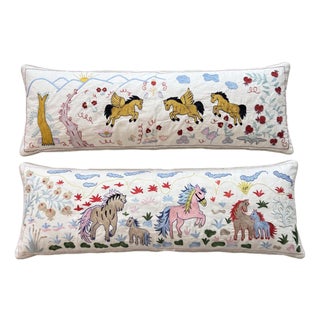 White Horse Suzani Lumbar Pillow Cover 18'' X 52'' - Set of Two For Sale