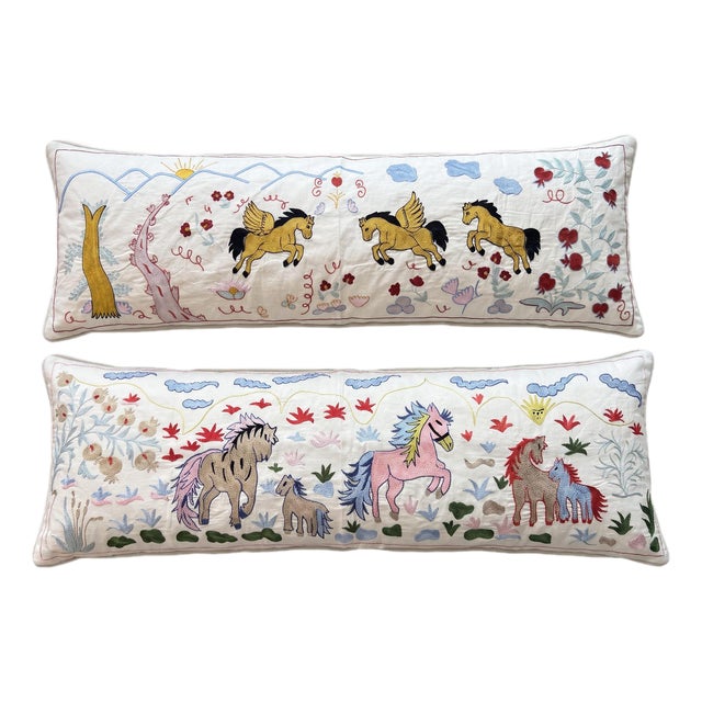 White Horse Suzani Lumbar Pillow Cover 18'' X 52'' - Set of Two For Sale