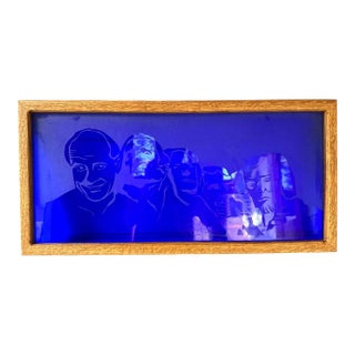 Vintage Cobalt Blue Etched Glass Panel in Solid Oak Frame For Sale