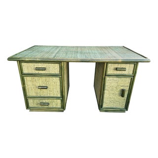 Green Rattan Desk, 1960s For Sale