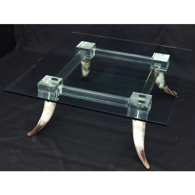 Bull Horns Shaped to Legs Lucite Stretchers Base Square Glass Top Coffee Table For Sale - Image 9 of 13
