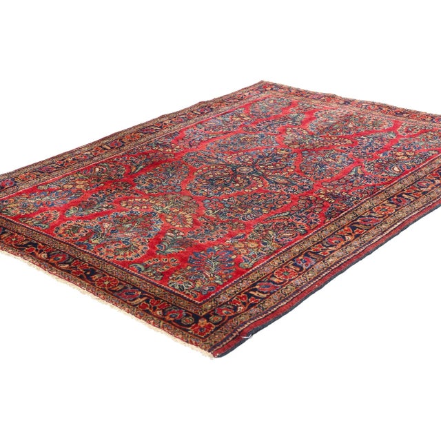 78915 Vintage Persian Sarouk Rug, 03'05 x 04'09. This hand-knotted wool vintage Persian Sarouk rug is a radiant...