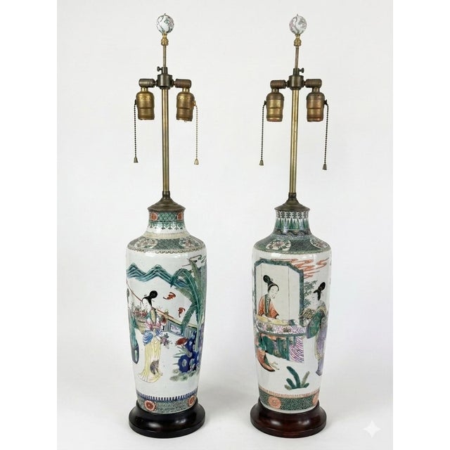 A pair of very tall Chinese Famille Verte Porcelain Rouleau Vases Set as Lamps. Classic 19th C. Famille Verte hand-painted...