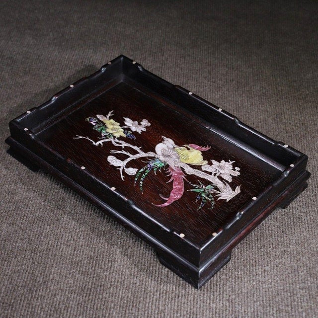 Late 20th Century Late 20th Century Wooden Tea Tray With Mother-of-Pearl Magpie and Plum Blossom Inlay For Sale - Image 5 of 9