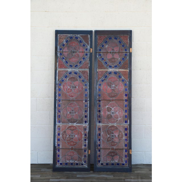 Antique Victorian Gothic Hand-Painted Stained Glass Windows in Wood Frames, Circa 1900 – Pair For Sale - Image 14 of 18
