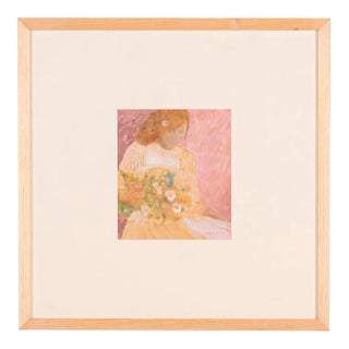 Lady with Flowers, Gouache on Cardboard, Framed For Sale