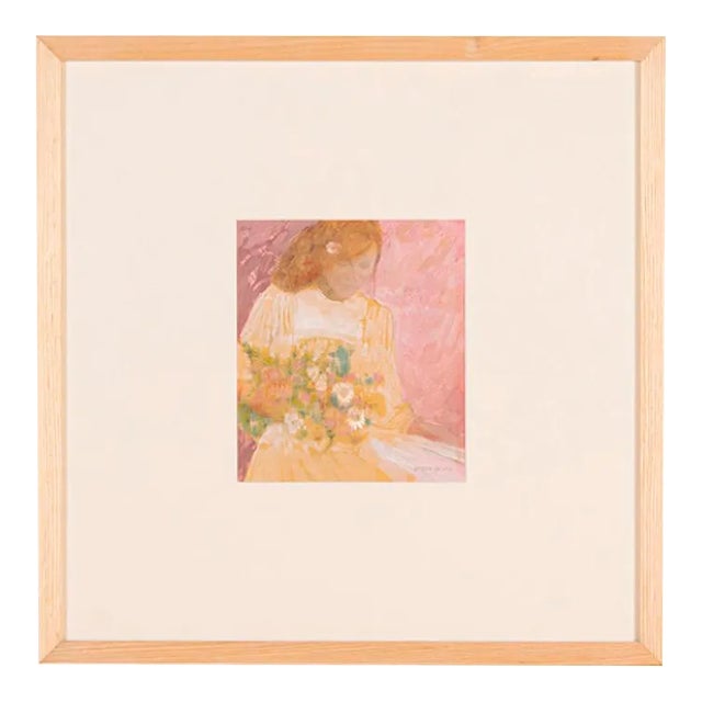 Lady with Flowers, Gouache on Cardboard, Framed For Sale