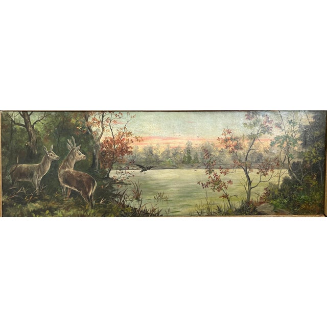 Immerse yourself in the tranquility of this early 19th-century oil painting. As you gaze upon the picturesque woodland...