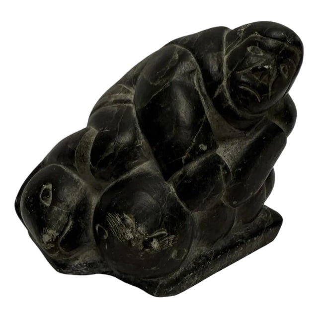 Vintage Inuit Stone Carving Sculpture Man W/Seal Soapstone Numbered Signed a-4. For Sale