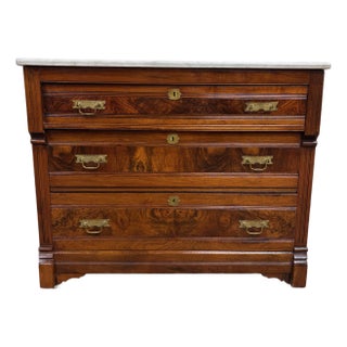 Antique Victorian Eastlake Marble Top Burled or Flame Mahogany Chest of Drawers For Sale