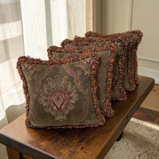 Tapestry Pillows With Moss Fringe For Sale - Image 4 of 6
