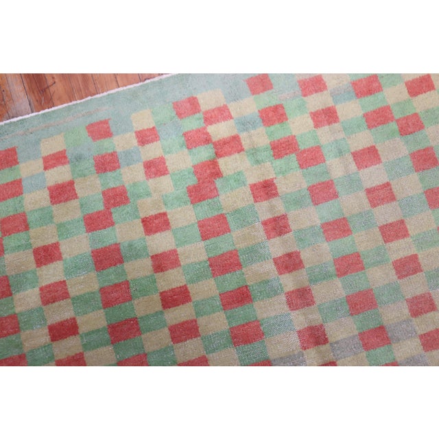 1940s Mint Green Vintage Turkish Anatolian Deco Checkerboard Rug For Sale - Image 5 of 18