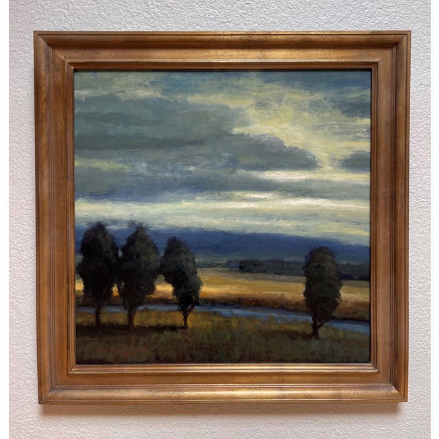 Shadows Across the Land captures a serene landscape where dark silhouettes of trees stand against a dramatic sky. The...