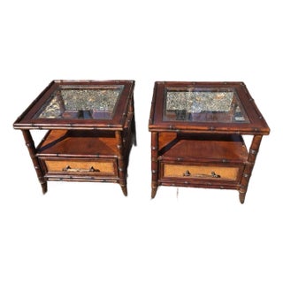 Late 20th Century Tommy Bahama Wooden Wicker Side Tables For Sale