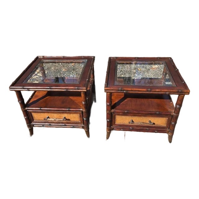 Late 20th Century Tommy Bahama Wooden Wicker Side Tables For Sale