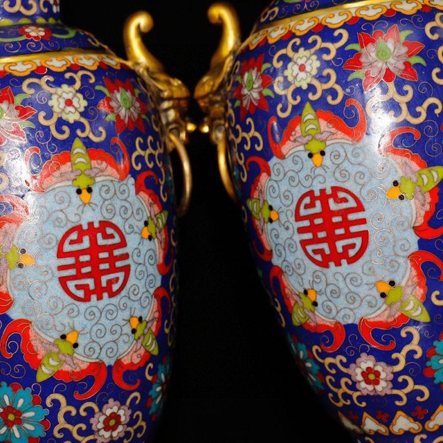 Pair of Chinese Cloisonné Vases | Gilt Bronze Handles & Taotie Mask Motif For Sale - Image 4 of 9